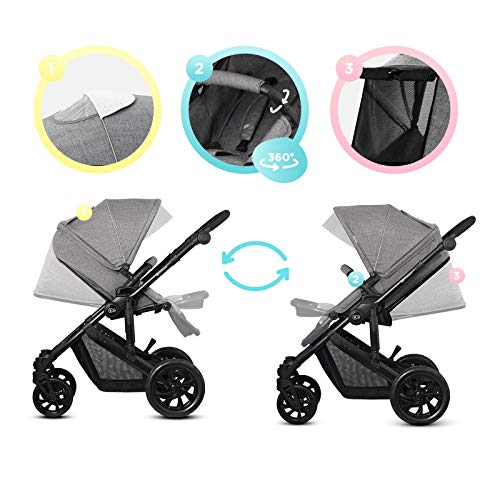 Kinderkraft Carrito Bebé 3 en 1 PRIME LITE, Silla de Paseo, Silla Coche, Gris