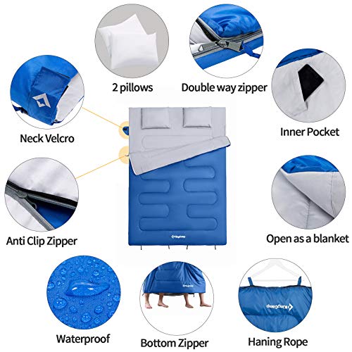 KingCamp Saco de Dormir Doble con Almohadas tamaño Queen y Extragrande para 3 Estaciones en 6 Colores para Acampar Festivales Senderismo Uso en Interiores o Exteriores