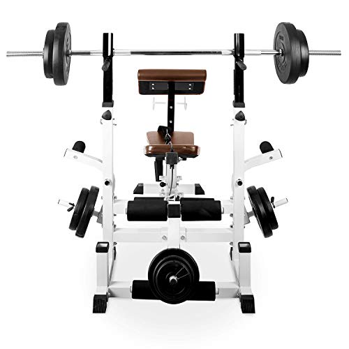 Klarfit Workout Hero 3000 - Banco de pesas, Banco musculación con cargas guiadas, Banco de Pesas, Banco musculación multifincional con carga máxima 280 kg, Remo, Curler piernas, Acero, Blanco floral