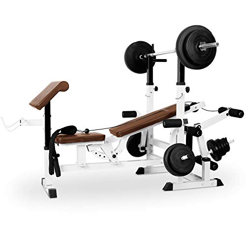 Klarfit Workout Hero 3000 - Banco de pesas, Banco musculación con cargas guiadas, Banco de Pesas, Banco musculación multifincional con carga máxima 280 kg, Remo, Curler piernas, Acero, Blanco floral