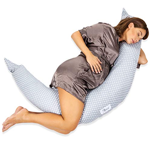Koala Babycare Almohada Embarazada Multifuncional - Cojin Lactancia y Almohada para Dormir de Lado - Funda Intercambiable 100% Algodón y Relleno de Poliéster - Koala Hugs (Gris - Lunares Blancos)