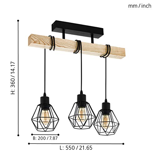 Lámpara de techo EGLO TOWNSHEND 5, lámpara de techo vintage con 3 bombillas de estilo industrial, lámpara de suspensión retro de acero y madera, color: negro, marrón, portalámparas: E27