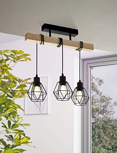 Lámpara de techo EGLO TOWNSHEND 5, lámpara de techo vintage con 3 bombillas de estilo industrial, lámpara de suspensión retro de acero y madera, color: negro, marrón, portalámparas: E27