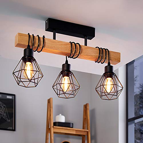 Lámpara de techo EGLO TOWNSHEND 5, lámpara de techo vintage con 3 bombillas de estilo industrial, lámpara de suspensión retro de acero y madera, color: negro, marrón, portalámparas: E27