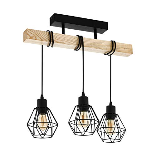 Lámpara de techo EGLO TOWNSHEND 5, lámpara de techo vintage con 3 bombillas de estilo industrial, lámpara de suspensión retro de acero y madera, color: negro, marrón, portalámparas: E27