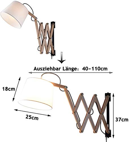 Lámparas de pared Lámpara de noche extensible con interruptor Lámpara de tijeras vintage Aplique de madera Lámpara de lectura Lámpara de cama para dormitorio E27 Pantalla de tela hecha a mano,A