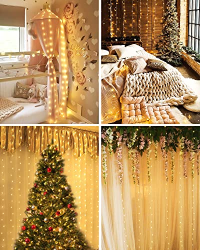 Litogo Cortina Luces LED, 3m x 3m 300 LED Cortina de Luces, Cortina Luces Navidad Luz de Cortina USB, 8 Modos de Luces Cortina Luces LED para Decoración de Festival, Fiestas, Casa, Jardín, Boda