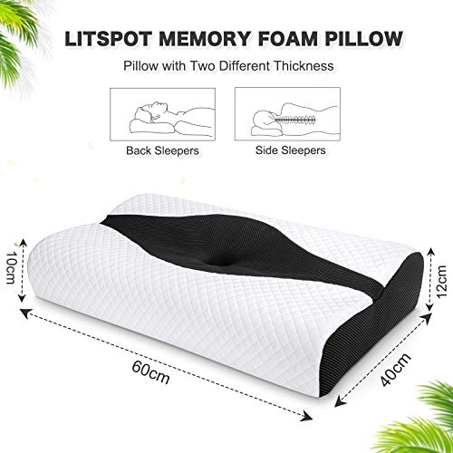 LITSPOT Almohada Cervical con Altura Ajustable Reduce Dolores Cervicales Forma Ergonómica Adecuada para Todos los Durmientes Cubierta de Fibra de Bambú（Negro）