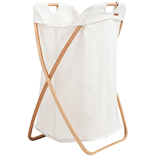 LJFYXZ Cesto para la Ropa Soporte de bambú Cesta de Almacenamiento Plegable Lienzo de agoldón Almacenamiento doméstico de Ropa Sucia 42x38x63cm(Color:Blanco)