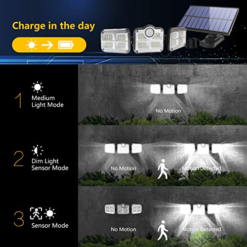 Luz Solar Exterior Interior - Foco Solar LED Exterior con Sensor de Movimiento: Luces Solares 3 Cabezales Ajustables 270° lluminación Impermeable Lámpara Solar con Control Remoto & Cable de 16.5 pies