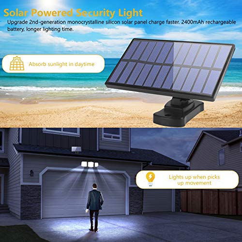 Luz Solar Exterior Interior - Foco Solar LED Exterior con Sensor de Movimiento: Luces Solares 3 Cabezales Ajustables 270° lluminación Impermeable Lámpara Solar con Control Remoto & Cable de 16.5 pies