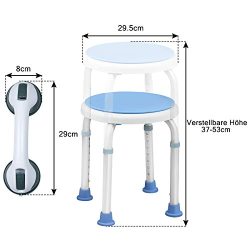 LZQ Taburete para ducha (altura regulable 36 – 51 cm, giratorio 360°, incluye 1 barra de asa, sin taladrar)