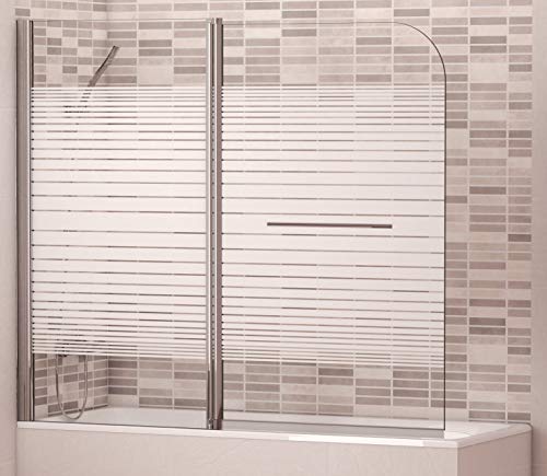Mampara Biombo con Dos Hojas Abatibles para Bañera Modelo KUSU SERIGRAFIA Medida 126x150 cm, Cristal 5 mm Transparente con Decorado en Serigrafía. Perfil Aluminio Cromado, Fácil Apertura