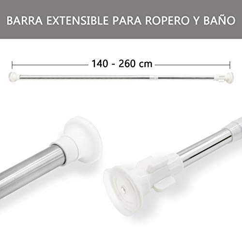 MERCURY TEXTIL – Barra extensible para ropero y cortina de ducha, sin taladros ni tornillos. (140-260CM)