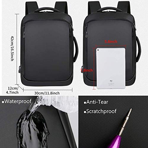 Mochila Negocio Viaje Impermeabl para portatil Ordenador 15.6 Pulgadas, Multiusos Mochila Daypacks Universidad con Puerto de Carga USB, Hombres, Negro