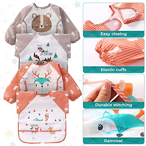 MUMO Babero con mangas impermeables para niños de 6 a 36 meses, juego de baberos para bebés de 4 piezas, 2 mangas largas y 2 mangas cortas, delantal para jugar/pintar y comer