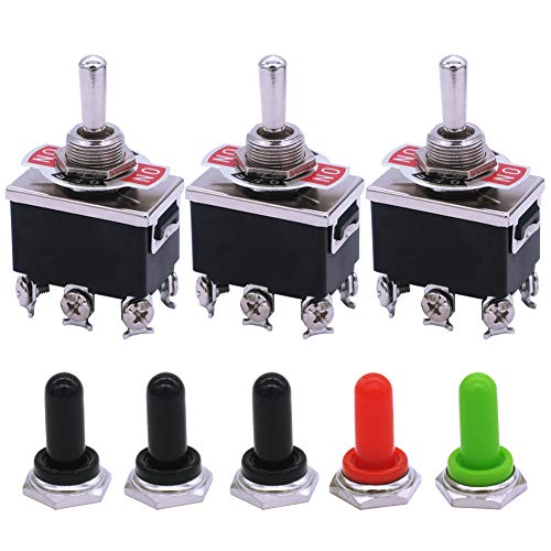 mxuteuk 3 piezas Interruptor basculante momentáneo de alta resistencia 16A 250V 20A 125V DTDT (ON)/OFF/(ON) 6 terminales 3 posiciones+5piezas cubierta de perilla de metal impermeable Ten-223-5mz-B223