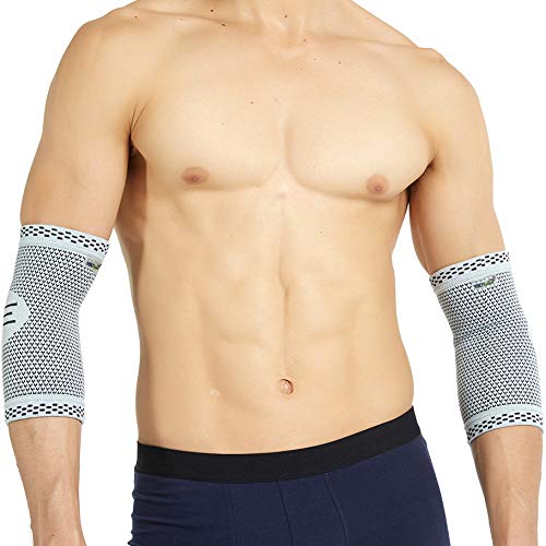 Neotech Care - Codera de compresión (1 Par) - Tejido de punto 3D de fibra de bambú - Manga de compresión elástica y transpirable - Golf, tenis, deportes - Brazo derecho o izquierdo - Gris (M)