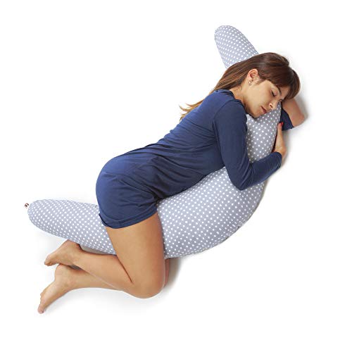 Niimo Cojin Lactancia Bebe y Almohada Embarazada Dormir XXL Multifuncion Funda Cojin 100% Algodon Desenfundable y Lavable Relleno de Poliester Multiusos Maternidad (Gris - Lunares Blancos)
