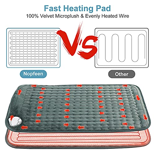 Nopfeen Almohadilla eléctrica de calefacción con apagado automático, terciopelo supersuave, lavable a máquina, 6 ajustes de calor, temporizador, 60 x 30 cm, para terapia en seco y húmedo