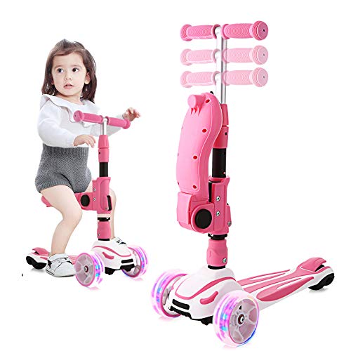 OUTCAMER Patinete Niña y Niño 3 a 10 Años con Asiento Plegable y Manillar Altura Ajustable Patinete Infantil 3 Ruedas LED Extra Anchas Luminosas Deportivos Juegos Scooter Apoyan 50 Kg