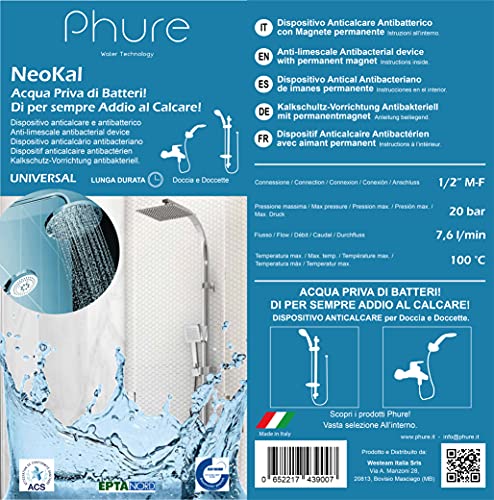 Phure NeoKal - Antical magnético antibacteriano, protección antical universal para ducha, ducha, bañera de baño, imanes de neodimio, universal de 1/2 pulgadas