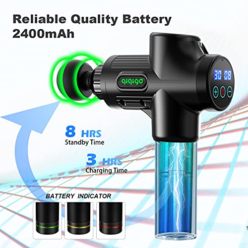 Pistola de Masaje Muscular, QIQIGO de Tejido Profundo Masajeador con 30 Niveles Ajustables, Portátil Massage Gun de Eléctrica con 6 Cabezales de Masaje y Pantalla LCD, para Alivio del dolor Muscular