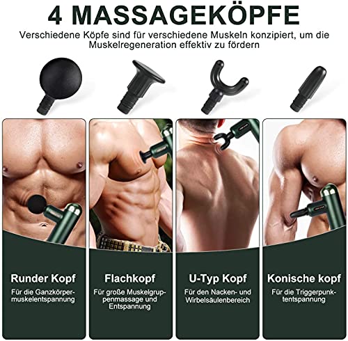 Pistola de Masaje Muscular,Mini Masajeador Electrico Tejido Profundo Silencioso,Masajeador Cervical y Espalda con 4 Cabezales 4 Velocidad Para Aliviar el Dolor y la Fatiga Después del Trabajo Físico