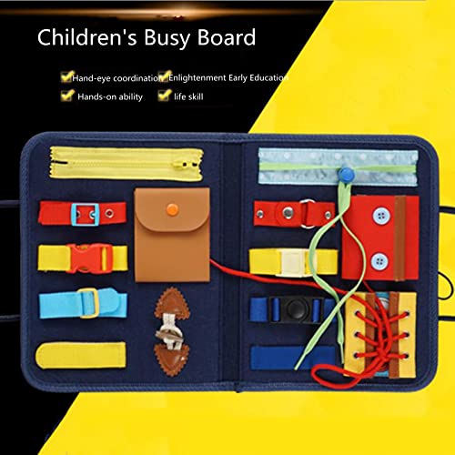 Pizarra ocupada para niños pequeños, juguetes Montessori de educación temprana para niños pequeños,bolsa de fieltro azul portátil tablero sensorial,para niño aprenden habilidades básicas de vestimenta