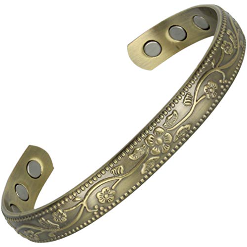 Pulsera magnética de cobre puro, diseño floral, oro antiguo, 6 x 3000 imanes Gauss