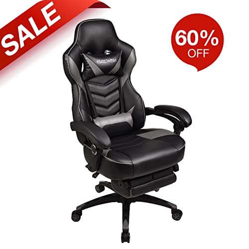 PULUOMIS - Silla Gaming Profesional Silla Ergonómica para Oficina, Juego con Cojín Lumbar y Cojín para los Pies(Gris)