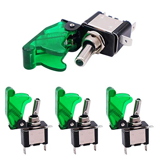 QitinDasen 4Pcs Profesional Coche Interruptor Palanca, Verde Impermeable Cubierta Verde LED Indicador, ON-OFF 2 Posiciones 3 Pines SPST Auto Conmutador Basculante, para Coche Camión Barco (20A/12VDC)