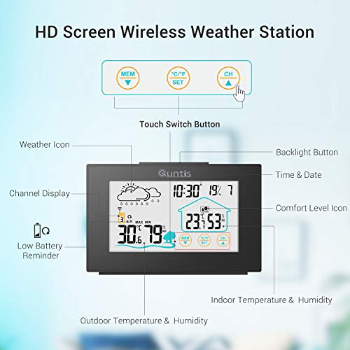 Quntis Estacion Meteorologica Interior Exterior, Estación Meteorológica Inalámbrica con Sensor Exterior Pantalla Táctil, Termometro Digital con Pronóstico de Tiempo,3 Canales,Hora,Despertador- Negro