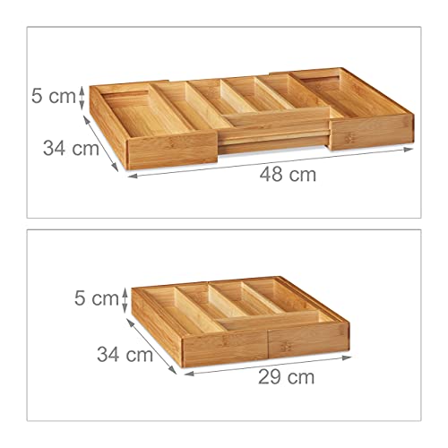 Relaxdays Caja de cubiertos de bambú, inserto de cubiertos extraíble como organizador de cocina, inserto de cajón 33.5x29-48x5 cm, natural