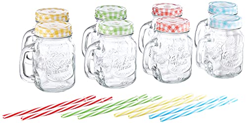 Relaxdays Set de 8 vasos con tapa, pajita y asa, Cristalería, Multi-color