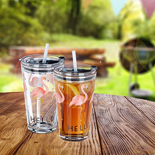 Relaxdays Vaso de cristal con tapa y pajita, juego de 4 vasos de flamenco, 450 ml, apto para lavavajillas, transparente
