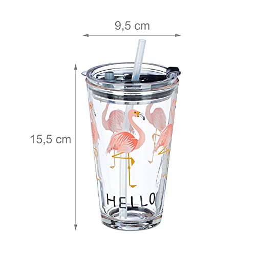 Relaxdays Vaso de cristal con tapa y pajita, juego de 4 vasos de flamenco, 450 ml, apto para lavavajillas, transparente