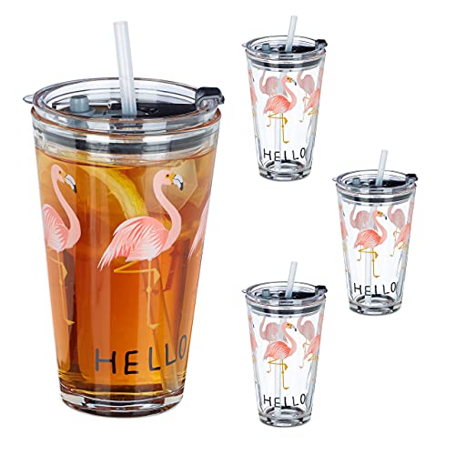 Relaxdays Vaso de cristal con tapa y pajita, juego de 4 vasos de flamenco, 450 ml, apto para lavavajillas, transparente
