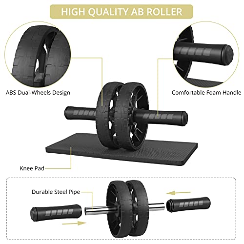 Rueda Abdominal, Anbte 6 en 1 Kit de Ejercitar con Rueda AB, Barra de Push-Up, Cuerda de Saltar, Banda de Ejercicio, Deslizadores de Core y Rodillera, para Entrenamientos Entrenamientos de Fuerza