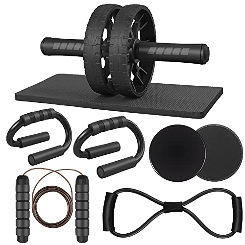 Rueda Abdominal, Anbte 6 en 1 Kit de Ejercitar con Rueda AB, Barra de Push-Up, Cuerda de Saltar, Banda de Ejercicio, Deslizadores de Core y Rodillera, para Entrenamientos Entrenamientos de Fuerza