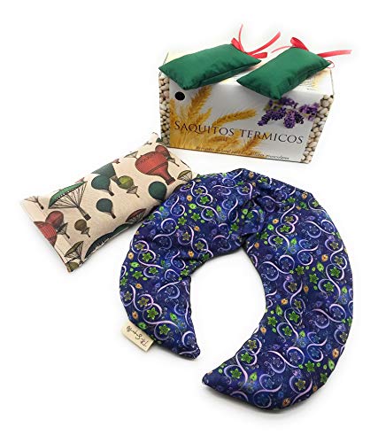 Saco Termico de semillas de Trigo Cervical + Saco Multiuso con Trigo y Lavanda para Microondas + 2 Saquitos pequeños para aromatizar espacios pequeños