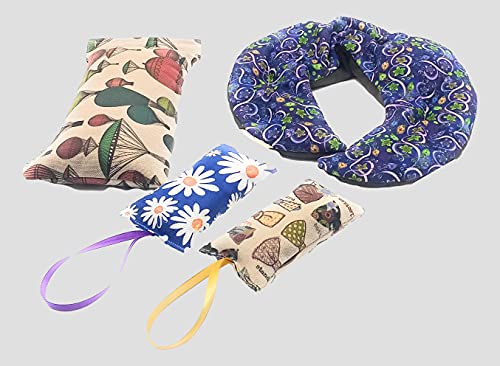 Saco Termico de semillas de Trigo Cervical + Saco Multiuso con Trigo y Lavanda para Microondas + 2 Saquitos pequeños para aromatizar espacios pequeños