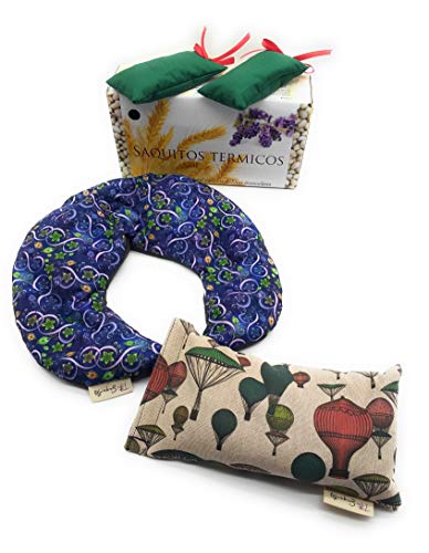 Saco Termico de semillas de Trigo Cervical + Saco Multiuso con Trigo y Lavanda para Microondas + 2 Saquitos pequeños para aromatizar espacios pequeños
