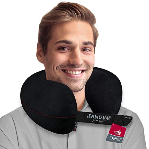 SANDINI TravelFix Regular Size – Almohada de Viaje Premium con Cierre/Almohada Cervical con función de Soporte ergonómico – Bolsa de Transporte de fijación Gratuita (Outlast/Microfibra Negro)