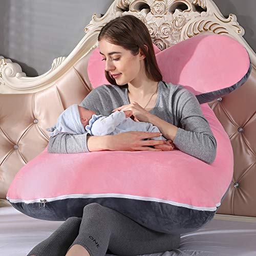 SHANNA Almohada de Embarazo, Almohada de Cuerpo Completo con Forma de U Grande, 100% algodón con Funda de Terciopelo reemplazable y Lavable para Dormir y Alimentar, 70 x 145 cm Gris (Gris+Rosa)