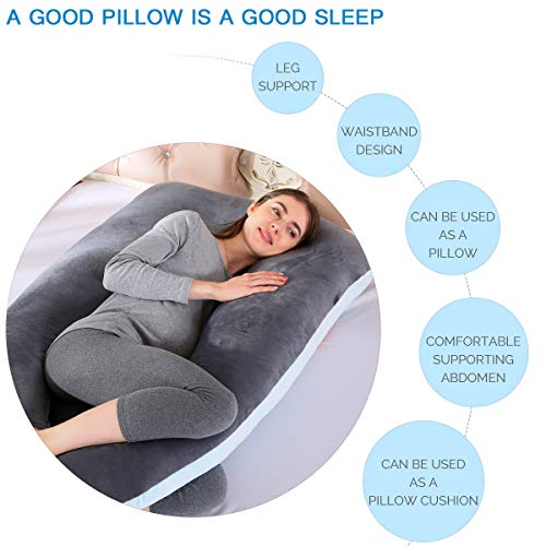 SHANNA Almohada de Embarazo, Almohada de Cuerpo Completo con Forma de U Grande, 100% algodón con Funda de Terciopelo reemplazable y Lavable para Dormir y Alimentar, 70 x 145 cm Gris (Gris+Azul)