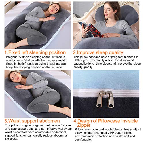 SHANNA Almohada de Embarazo, Almohada de Cuerpo Completo con Forma de U Grande, 100% algodón con Funda de Terciopelo reemplazable y Lavable para Dormir y Alimentar, 70 x 145 cm Gris (Gris+Azul)