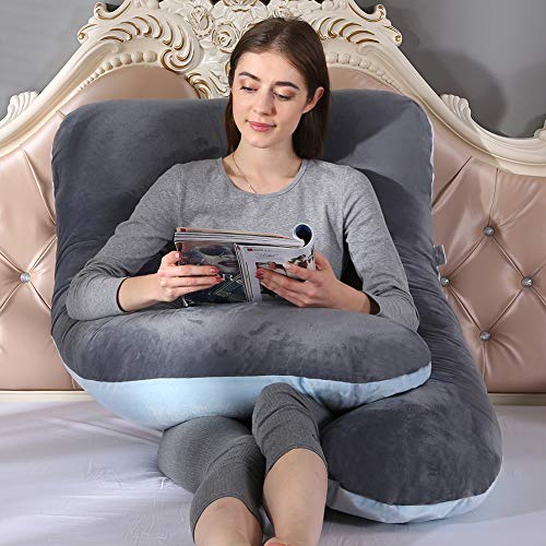 SHANNA Almohada de Embarazo, Almohada de Cuerpo Completo con Forma de U Grande, 100% algodón con Funda de Terciopelo reemplazable y Lavable para Dormir y Alimentar, 70 x 145 cm Gris (Gris+Azul)