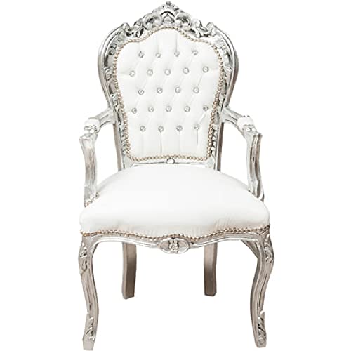 Sillón Barocco - Estilo Luis XIV° - Silla de caoba plateada y ecopiel blanca