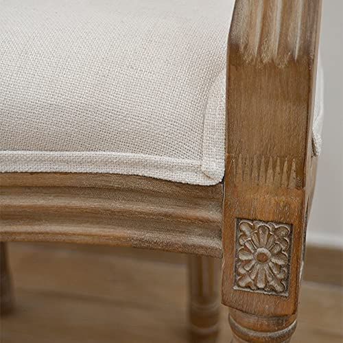 Sillón Medallón Luis XVI de Madera de Abedul Envejecido. Sillón con Brazos Estilo francés. Respaldo de Rejilla de ratán Natural. Asiento Acolchado de Lino Beige.
